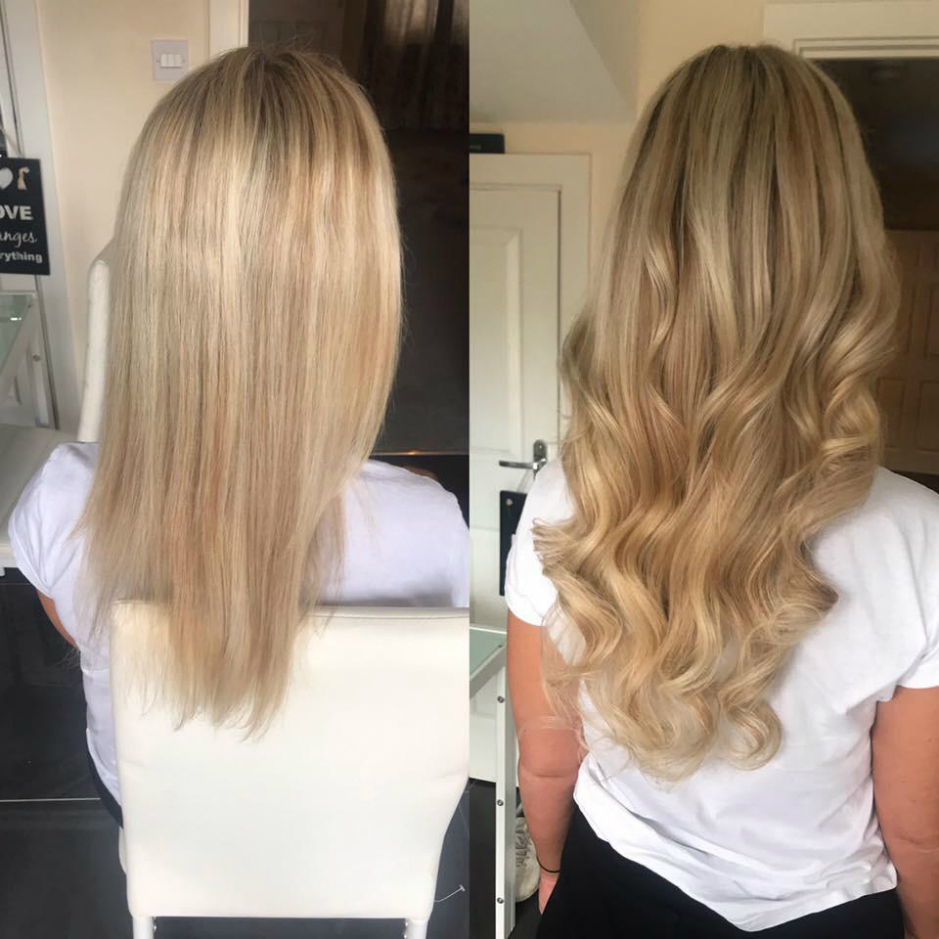 Blonde Hair extensions before and after- house of tresses